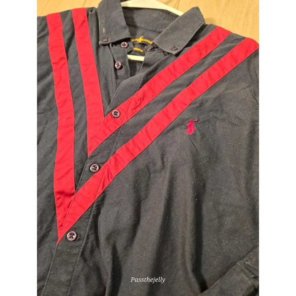 Vtg Polo Ralph Lauren Button Up Shirt Mens Small Black Red V Stripe Long Sleeve
